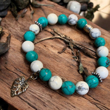 Load image into Gallery viewer, Turquoise and howlite stretch bracelet with leaf charm
