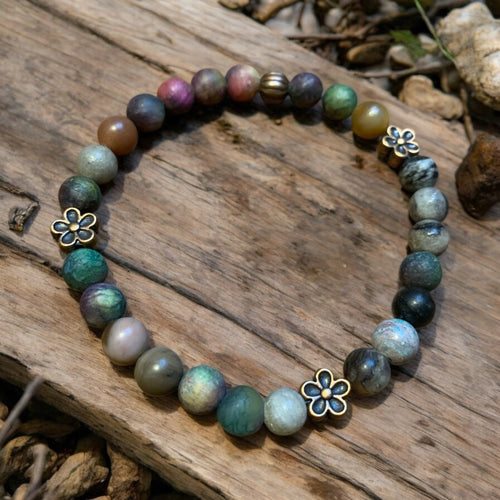 assorted bead stretch bracelet with flower charms