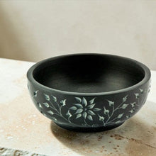 Load image into Gallery viewer, Black stone smudge bowl with carved floral design for incense cones and resin
