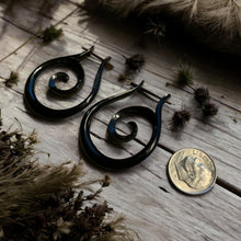 Load image into Gallery viewer, Spiral earrings on a wooden surface with dried plants and a coin for scale.
