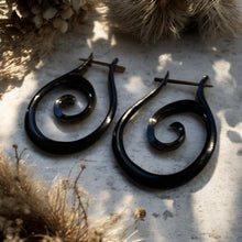 Load image into Gallery viewer, Black spiral earrings on a textured surface with dried plants.
