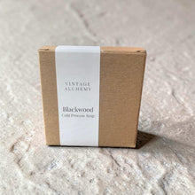 Load image into Gallery viewer, Blackwood cold process soap in Vintage Alchemy kraft box packaging

