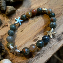 Load image into Gallery viewer, bloodstone stretch bracelet with starfish charms
