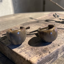 Load image into Gallery viewer, boho wood hoop earrings with stick post on rustic wood board artisan tribal wooden jewelry

