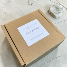 Load image into Gallery viewer, Carved Leaves incense and resin burner packaging in kraft gift box with Vintage Alchemy label on neutral stone surface
