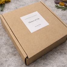 Load image into Gallery viewer, Flower of Life incense plate packaged in kraft box with minimalist white label by Vintage Alchemy
