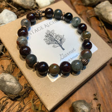 Load image into Gallery viewer, garnet and bloodstone beaded bracelet with flower charm
