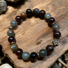 Load image into Gallery viewer, garnet and bloodstone stretch bracelet with flower charm
