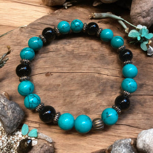 green turquoise and onyx stretch bracelet