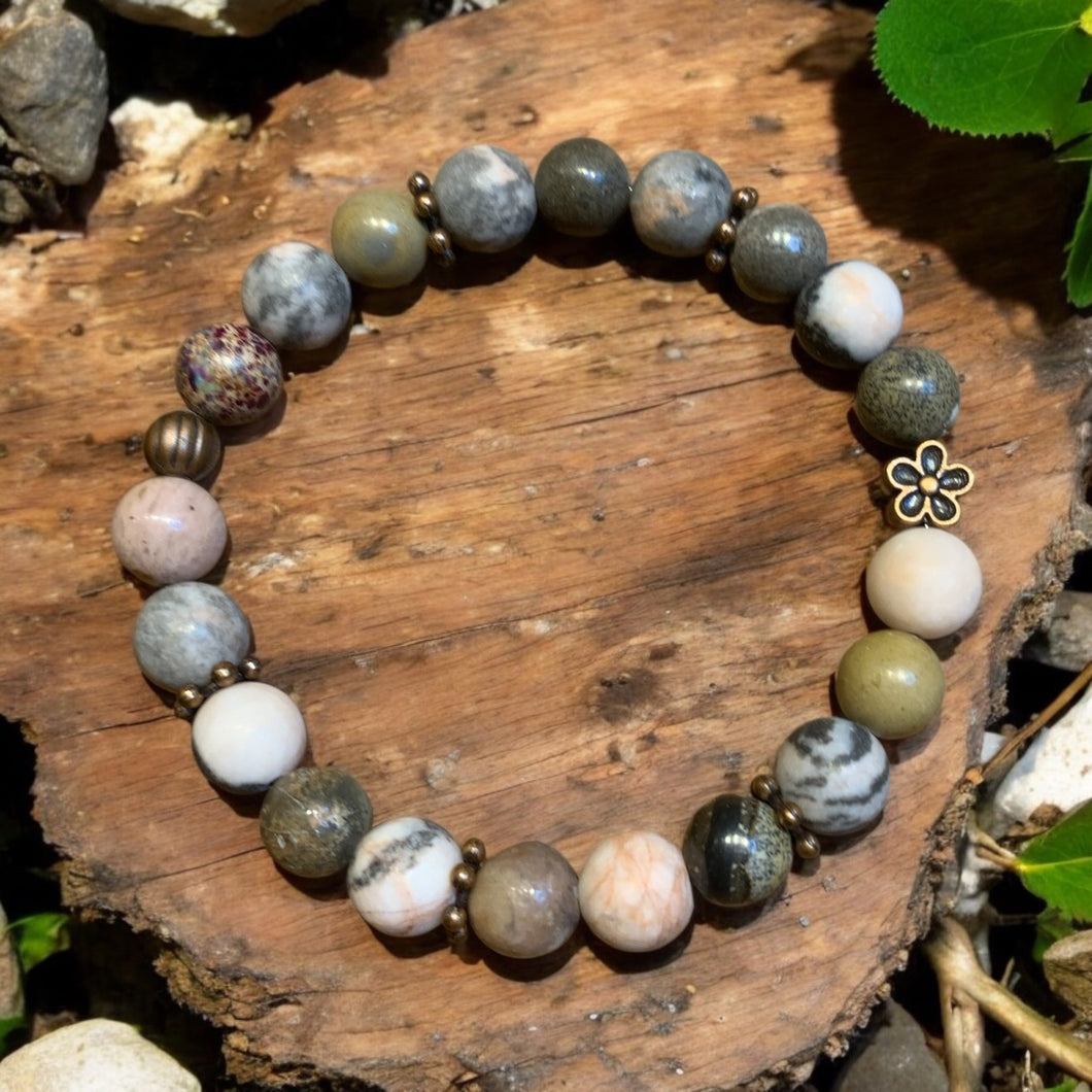 jasper stretch bracelet with flower charm