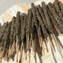 Load image into Gallery viewer, Lavender Rose botanical incense sticks with dried lavender and rose petals on natural wood surface
