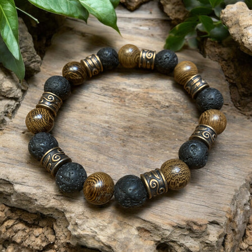 mens essential oil bracelet with lava stones and wood beads