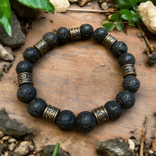 Load image into Gallery viewer, mens lava stone stretch bracelet with bronze spacers
