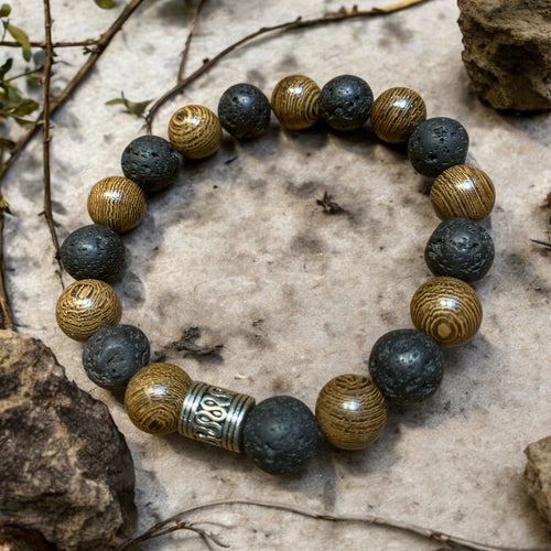 mens lava stone stretch bracelet with wood beads