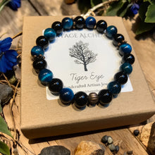 Load image into Gallery viewer, onyx and blue tiger eye stretch bracelet
