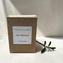 Load image into Gallery viewer, Sea Mineral studio candle box with square white label on kraft box beside olive branch with soft directional light on plaster background
