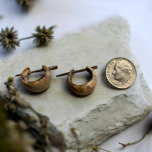Load image into Gallery viewer, wood hoop earrings on a stone surface with a quarter for scale.
