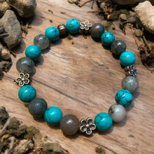 Load image into Gallery viewer, turquoise and bloodstone stretch bracelet with flower charms
