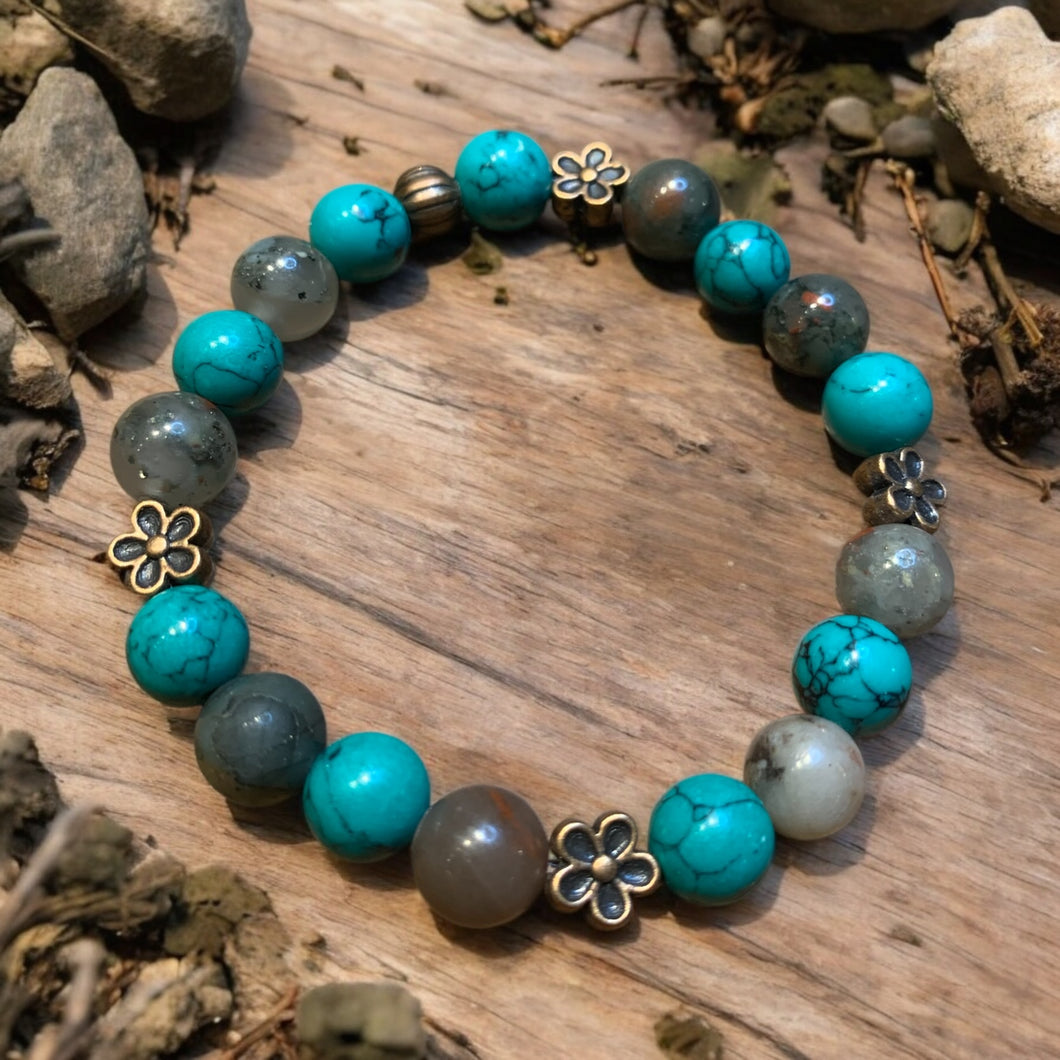 turquoise and bloodstone stretch bracelet with flower charms