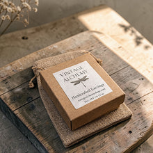 Load image into Gallery viewer, Vintage Alchemy handcrafted earrings gift box on burlap pouch rustic artisan jewelry packaging

