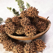 Load image into Gallery viewer, Witches Burrs Sweet Gum Ball seed pods in wooden bowl natural dried botanical
