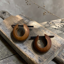 Load image into Gallery viewer, boho tribal wood hoop earrings with stick post on rustic wood board artisan wooden jewelry
