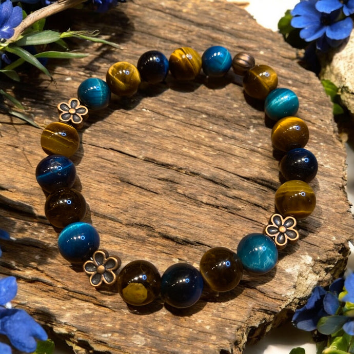 yellow and blue tiger eye bracelet with flower charms