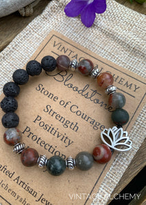 essential oil bracelet with bloodstones and lotus charm