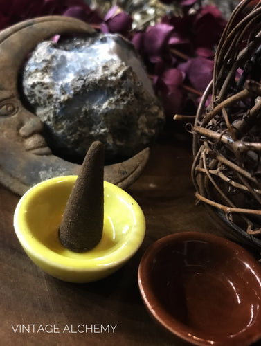 yellow and brown ceramic bowls for cone incense