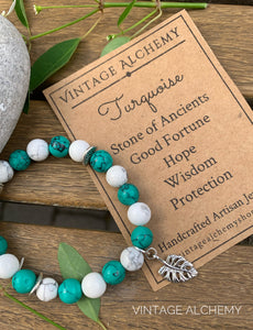 turquoise stretch bracelet with leaf charm